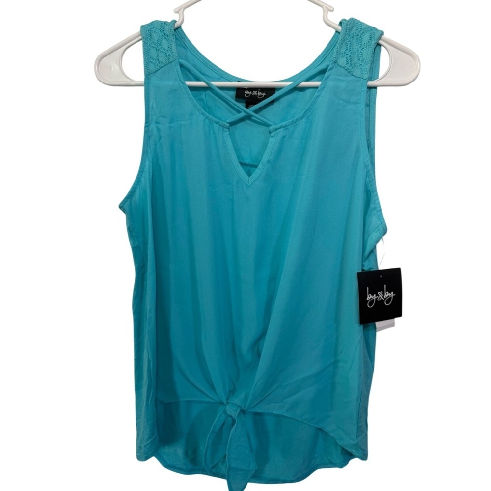 By & By Turquoise Blue Lace Yoke Tie Front Tank Top Medium‎ NWT